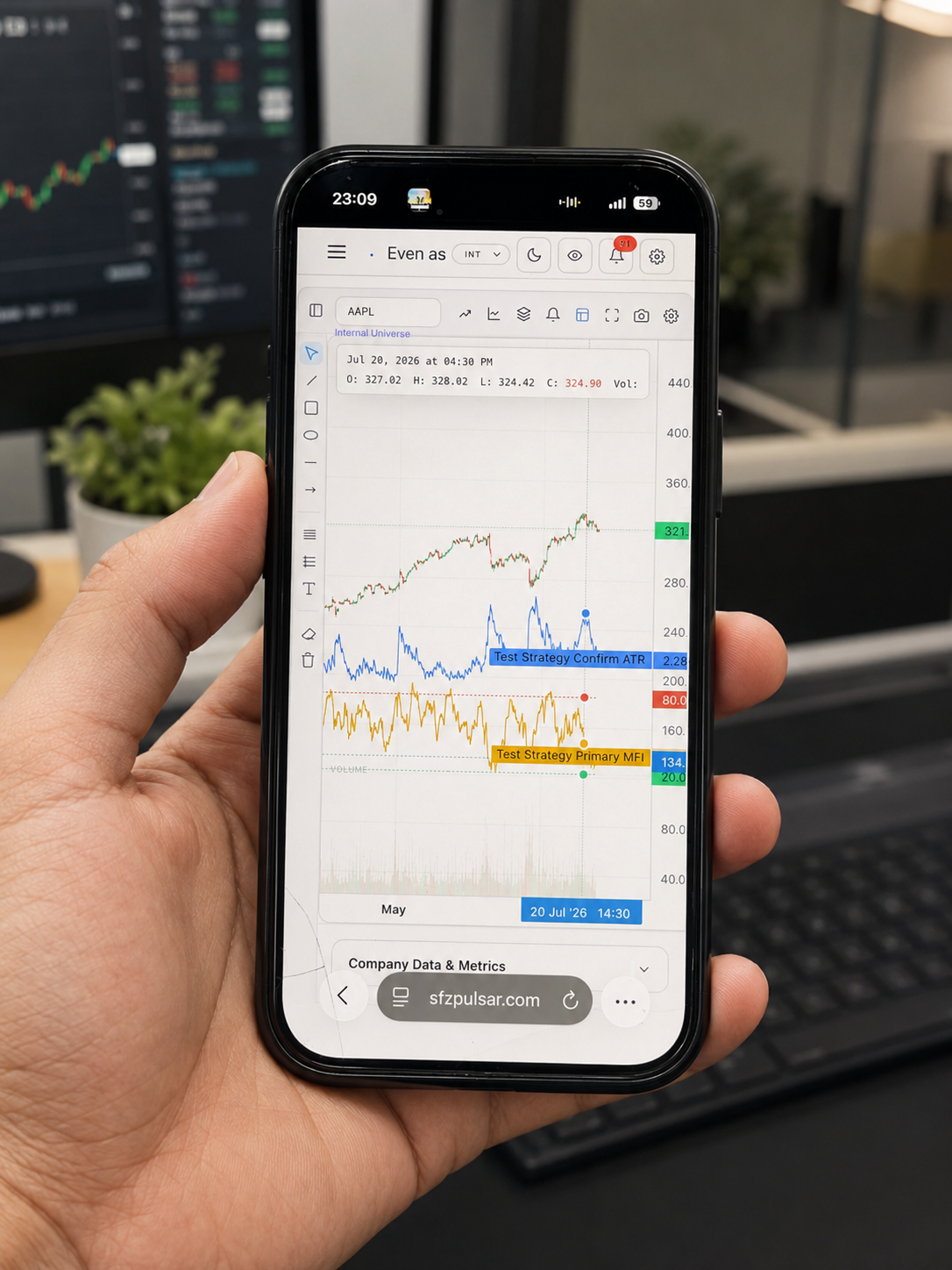 Pulsar chart analysis on a phone, showing candles with ATR and MFI strategy overlays
